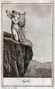 Sapho (or Sappho, 7th century BC), Greek poet of Antiquite. Engraving from 1819 in “Lettres a Emilie sur la mythologie” by Charles Albert Demoustier (1760-1801). Private collection. av Anonymous Anonymous
