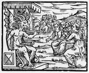 Satan henvender seg til trollmenn - "Compendium Maleficarum", tar for seg hekser, deres ondskap og deres sorteringer av Francesco Maria Guazzo eller Guaccio eller Guaccius (15?? -16??) 1608 Private Collection av Anonymous Anonymous