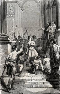 Saturnin av Toulouse (Saint Sernin, første kristne eveque av Toulouse) (3. århundre) stoppet ved hovedstaden i Toulouse - Gravering av 1846 i "Lives des saints"". Privat samling. av Anonymous Anonymous