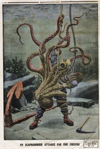 Scaphandler angrepet av en blekksprut. Gravering i "" Le petit Journal"", 16.06.1912. Privat samling. av Anonymous Anonymous