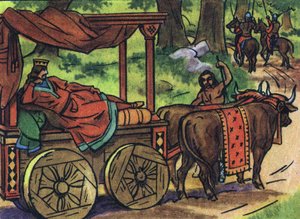 Scene som skildrer de late kongene: Kongen av Frankrike Thierry III (673-691) bærer i en tank med en seng trukket av okser. Anonym illustrasjon i "" Collection des souverains et chefs d