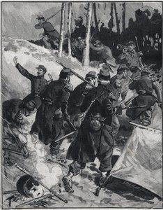 Scene i romanen av Emile Zola (1840-1902) "The Debacle"". Gravering i "" Le petit parisien"" 28.02.1892. Privat samling av Anonymous Anonymous