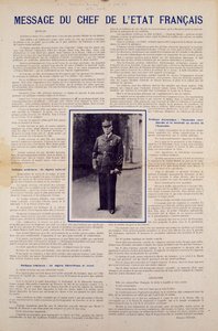 Andre verdenskrig og Vichy-regimet: melding fra det franske statsoverhodet Philippe Petain publisert etter våpenhvilen undertegnet av Frankrike i juni 1940 og presenterer programmet for den nasjonale revolusjonen, høsten 1940. Privat samling av Anonymous Anonymous