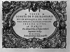 Andre bind av sonettene til den franske poeten Pierre de Ronsard (1524-1585) satt til musikk av Guillaume Boni. Paris 1579 av Anonymous Anonymous