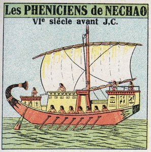 Ships and ships: Phenician sailors in the service of Pharaoh Nechao in the 7th century BC. Anonymous illustration from 1925. Private collection. av Anonymous Anonymous