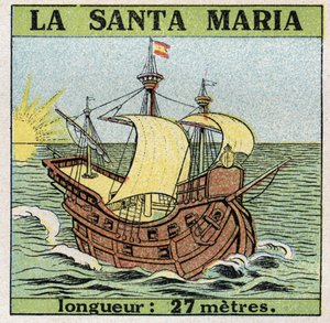 Skip og skip: Santa Maria, karavel av Christopher Columbus (1451-1506) da han oppdaget Amerika i 1492. Anonym illustrasjon fra 1925. Privat samling. av Anonymous Anonymous
