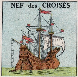 Skip og skip: kongeskipet "Montjoie" til kong Saint Louis (1214-1270) under korstogene. Anonym illustrasjon fra 1925. Privat samling. av Anonymous Anonymous