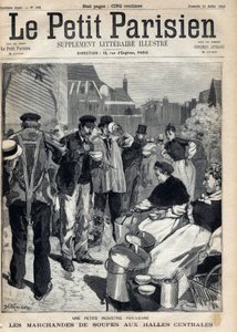 Liten parisisk industri: suppehandlere på de sentrale markedene. Gravering. En av avisen "" Le petit parisien"" den 31.07.1892. Privat samling av Anonymous Anonymous