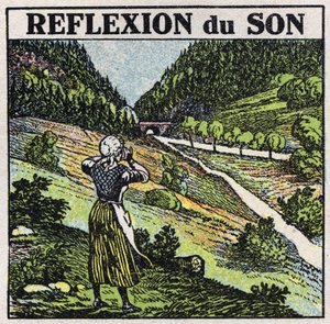 Sound energy: reflexion of sound by echo phenomene. Anonymous illustration from 1925. Private collection. av Anonymous Anonymous