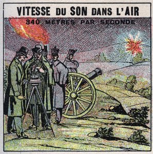Lydenergi: lydens hastighet i luften. Erfaring fra 1822 av Louis-Joseph Gay-Lussac (Louis Joseph Gay Lussac) (1778-1850) og Francois Arago (1786-1853) som avfyrte en serie kanonskudd mellom Montlhery og Villejuif. Anonym illustrasjon fra 1925 av Anonymous Anonymous
