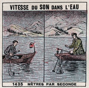 Sound energy: speed of sound in water. Experience of 1826-1827 by Jean Daniel (Jean-Daniel) Colladon (1802-1893) and Charles Francois Sturm (1803-1855) on Lake Geneva (Leman Lake). Two boats moored 14 km apart, one of the boats supported a bell, a hammer h av Anonymous Anonymous