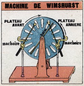 Statiske maskiner: Wimshurst-maskin, elektrostatisk maskin oppfunnet i 1882 av James Wimshurst (1832-1903). Anonym illustrasjon fra 1925. Privat samling. av Anonymous Anonymous