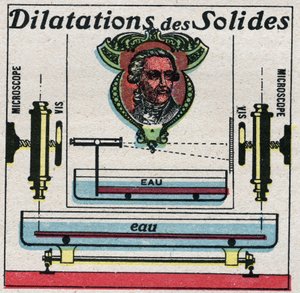 Temperature et dilatations: expansion of solids studied by Antoine Laurent de Lavoisier (1743-1794). Anonymous illustration from 1925. Private collection. av Anonymous Anonymous