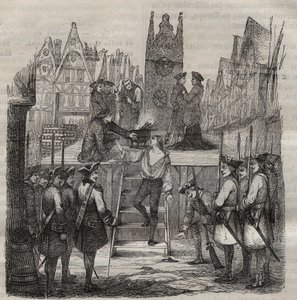 Chevalier Francois-Jean Lefebvre de La Barre (Francois Jean Lefebvre de LaBarre) som steg opp til stillaset i 1766. Gravering i "Fengselshistorie fra deres opprettelse til i dag"" (1877) av Pierre Zaccone (1817-1895) (Colonia Penale - Straffekoloni