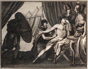 Epaminondas død (etter slaget mot spartanerne ved Mantineia 362 f.Kr.). Gravering fra "" Ungdommens Rollin eller utvalgte stykker av antikke og romerske historier"" 1816. Privat samling. av Anonymous Anonymous