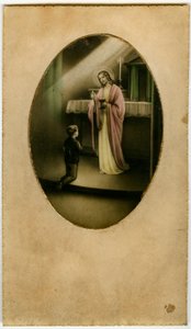 Eukaristien, nattverden, alterets sakrament: et barn foran Jesus (gravering) av Anonymous Anonymous