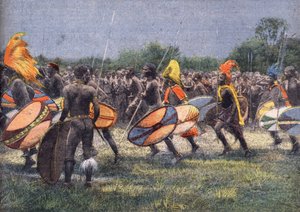 Ekspedisjonen til USAs tidligere president Theodore Roosevelt (1858 - 1919) til Afrika: Krigerdans i Uganda. Gravering. En av avisen "" Le petit parisien"" den 24/04/1910. Privat samling. av Anonymous Anonymous