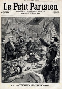 Den fransk-russiske alliansen: skålen for tsar Nicholas II (1868-1918) til ære for den franske presidenten Felix Faure (1841-1899) ombord på Pothau. I "" Le Petit Parisien"" 5.09.1897. Privat samling av Anonymous Anonymous