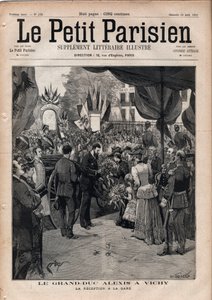 Storhertugen Alexis Alexandrovich (Aleksei Aleksandrovich Romanov) (1850-1908) i Vichy - Resepsjonen på jernbanestasjonen - Gravering i "Le petit Parisien"" fra 1891 - Privat samling av Anonymous Anonymous