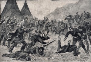 Det indiske opprøret i USA: en kamp mellom sioux-indianere og amerikanske tropper. Gravering i “” Le petit Parisien”” fra 1891. Privat samling. av Anonymous Anonymous