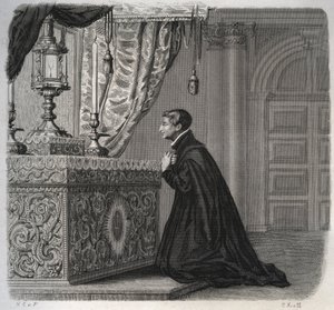 Den italienske jesuiten Louis de Gonzague (San Luigi Gonzaga) (1568-1591) i bønn. Gravering fra 1846 i "" Lives of the saints"". Privat samling. av Anonymous Anonymous