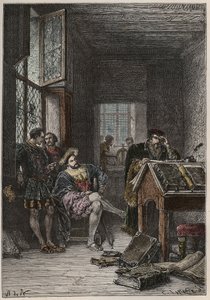 Kongen av Frankrike Francois I (1494-1547), beskytter av kunst og bokstaver, besøkte verkstedene til trykkeriene Estienne (Robert Estienne), rundt 1540 (kongen av Frankrike Frans I besøkte verkstedene til de kongelige typografene Estienne av Anonymous Anonymous