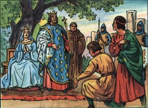 Kongen av Frankrike Saint Louis (Louis IX 1214-1270) gjør rettferdighet under eiken til Bois de Vincennes. Anonym illustrasjon i ""Samling av Frankrikes suverene og statsoverhoder"". Det 20. århundre. Privat samling. av Anonymous Anonymous
