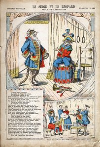 Apen og leoparden. Anonym illustrasjon for Les Fables av Jean de LA FONTAINE (Lafontaine) (1621-1695). Avbildning av Pont-a-Mousson, ca 1880. Privat samling. av Anonymous Anonymous
