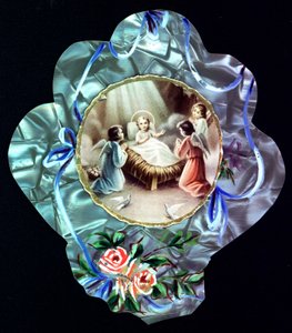 Nativitten. Barnet Jesus omgir engler Fromme bilde. Dentelee postkort. Privat samling av Anonymous Anonymous