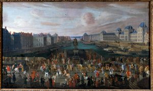 Pont Neuf sett fra inngangen til Place Dauphine, Quai Malaquais med College of Four Nations (Institut de France) under bygging Grande Galerie og Louvre ved passasjen av et cortege Anonymous-maleri. 1665. Dim. 0,74 x 1,25 m. av Anonymous Anonymous