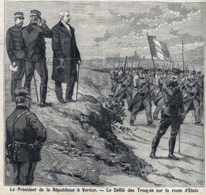 The President of the Republic Felix Faure (1841-1899) visits Verdun (Meuse): the defile of the military school of the road of Etin. Engraving in “” Le Petro Parisien”” av Anonymous Anonymous