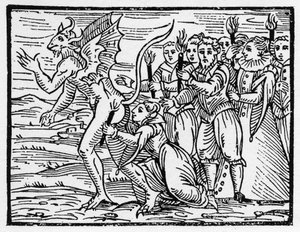 Sabbatsrituelle kyss på baken til djevelen - "Compendium Maleficarum", omhandler heksene, deres ulykker og deres sortileges av Francesco Maria Guazzo eller Guaccio eller Guaccius (15?? -16??) 1608 Private Collection