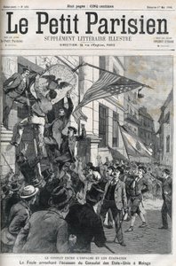 Den spansk-amerikanske krigen (American Hispano): folkemengden rev merket til det amerikanske konsulatet i Malaga, Spania i 1898. Forside av "" Le petit Parisien "" fra mai 1898. av Anonymous Anonymous