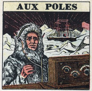 T.S.F. brukt i stolpene. Anonym illustrasjon fra 1925. Privat samling. av Anonymous Anonymous