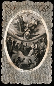 Jomfru Maria med den hellige treenighet (Gud, Jesus Kristus og Den Hellige Ånds due). Dentelee kort. 1800-tallet. Privat samling av Anonymous Anonymous