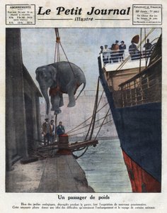 Ankomsten med båt av en elefant anskaffet av en zoologisk hage av mennesker etter krigen. Illustrasjon hentet fra "" Le petit journal illustrious"" av 20/11/1921. Privat samling av Anonymous Anonymous