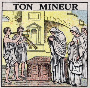 The art of sounds: your miner. Double flute players in a street in ancient times (during a funeral?). Anonymous illustration from 1925. Private collection. av Anonymous Anonymous