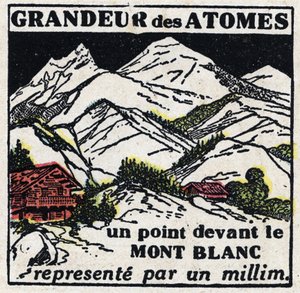 Atomet og vitenskapen: størrelsen på atomer. Et punkt foran Mont Blanc representert med en millimeter. Anonym illustrasjon fra 1925. Privat samling. av Anonymous Anonymous