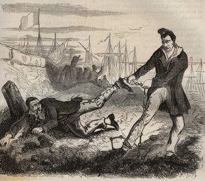 Den største plagen til forcaten er å være en miskamerat. Kamp mellom to fanger forbundet med samme kjede. Bagne de Rochefort på 1800-tallet. Gravering i "Fengselshistorien fra deres opprettelse til i dag"" (1877) av Pierre Zaccone (1817-1895 av Anonymous Anonymous