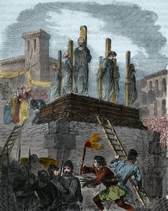 Saken om kjettere i Orleans: kanoner ble dømt til slakteren for kjetteri i Orleans i 1022. (første bucher i historien om kampen mot kjetteri i Vesten under styret av Robert II den fromme (996-1031). Gravering av det 19. århundre av Anonymous Anonymous