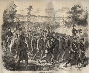 Kjeden startet ved Toulon Bagne på 1800-tallet. Gravering i "Fengselshistorie fra deres opprettelse til i dag"" (1877) av Pierre Zaccone (1817-1895) (Colonia Penale - straffekoloni). Privat samling. av Anonymous Anonymous