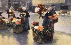 Krysantemfesten: krysantemhandler på gaten. Gravering. En av avisen "" Le petit parisien"" den 20.11.1910. Privat samling. av Anonymous Anonymous