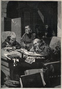 Krysografen: kopierte munker som utførte belysninger med gullbokstaver i middelalderen. Gravering fra 1885 i "" Les arts et metiers illustres"" av Adolphe BITARD. av Anonymous Anonymous