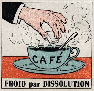Den kalde industrien: kald ved oppløsning. Å putte et sukker i en kopp varm kaffe gjør kaffen kjølig. Anonym illustrasjon fra 1925. Privat samling. av Anonymous Anonymous