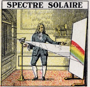 Fargene: solspektrum studert av Isaac Newton (1642-1727). Anonym illustrasjon fra 1925. Privat samling. av Anonymous Anonymous