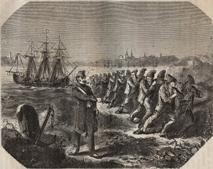 Cordellen (arbeid med stor tretthet) ved bagne de Rochefort på 1800-tallet. Gravering i "Fengselshistorien fra deres opprettelse til i dag"" (1877) av Pierre Zaccone (1817-1895) (Colonia Penale - straffekoloni) av Anonymous Anonymous
