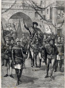 Kortesjen av selskaper på 1300-tallet: The prevot of the merchants of Paris. Gravering. I "" The Little Parisien"", 18.06.1899. Privat samling. av Anonymous Anonymous