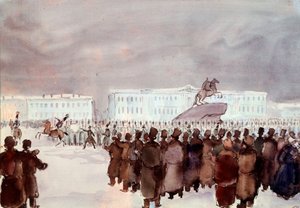 Folkemengden på Senatplassen under Decembrist-opprøret i 1825. Decembrist- eller Decabrist-medlemmer av et hardt undertrykt kuppforsøk organisert i St. Petersburg 14. desember 1825 for å få en grunnlov fra den fremtidige tsaren for å modernisere regimet. A av Anonymous Anonymous