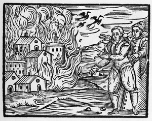 Forbannelsen av trollmenn som brenner byen - "" Compendium Maleficarum"", omhandler hekser, deres ondskap og deres sortileges av Francesco Maria Guazzo eller Guaccio eller Guaccius (15?? -16??) 1608 Private Collection av Anonymous Anonymous