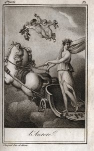 The dawn (Apollo guides the chariot of the sun). Allegory of sunrise. Engraving from 1819 in “Lettres a Emilie sur la mythologie” by Charles Albert Demoustier (1760-1801). Private collection. av Anonymous Anonymous